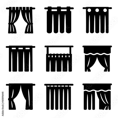 Curtain Design Icons. Solid, filled icons set of curtain design styles: pinch pleat, rod pocket, tab top,