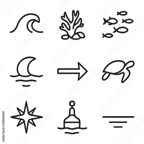 Marine Journey Icons. Outline icon set of marine journey stages: ocean wave, coral reef, fish school, moonrise, current arrow,