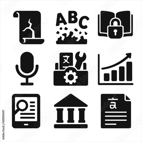 Endangered Language Icons. Solid, filled icons set of endangered languages: cracked scroll, vanishing letters,