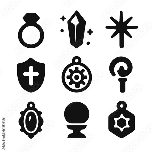 Enchanted Artifacts Icons. Solid, filled icons set of enchanted artifacts: magic ring, glowing crystal, wand