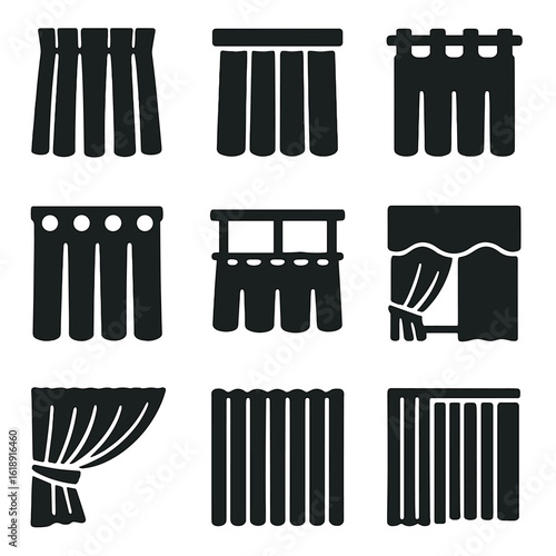 Curtain Design Icons. Solid, filled icons set of curtain design styles: pinch pleat, rod pocket, tab top,