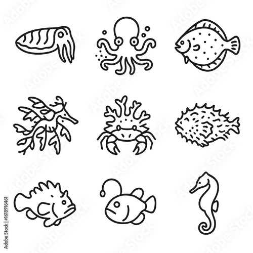 Marine Camouflage Icons. Outline icon set of Camouflage and mimicry: cuttlefish pattern, octopus skin change, flounder outline,