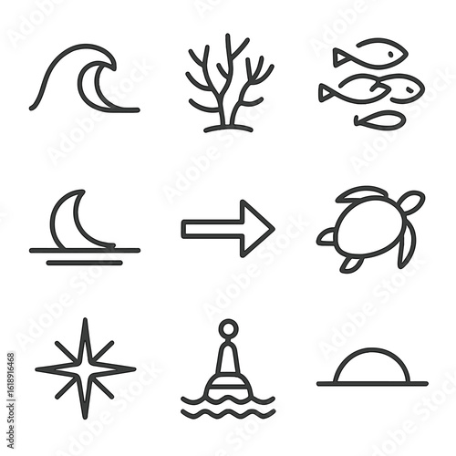 Marine Journey Icons. Outline icon set of marine journey stages: ocean wave, coral reef, fish school, moonrise, current arrow,