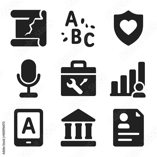 Endangered Languages Icons. Solid, filled icons set of endangered languages: cracked scroll, vanishing letters