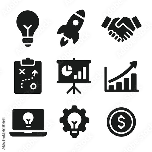 Entrepreneurship Icon Set. Solid, filled icons set of entrepreneurship and innovation: light bulb, startup