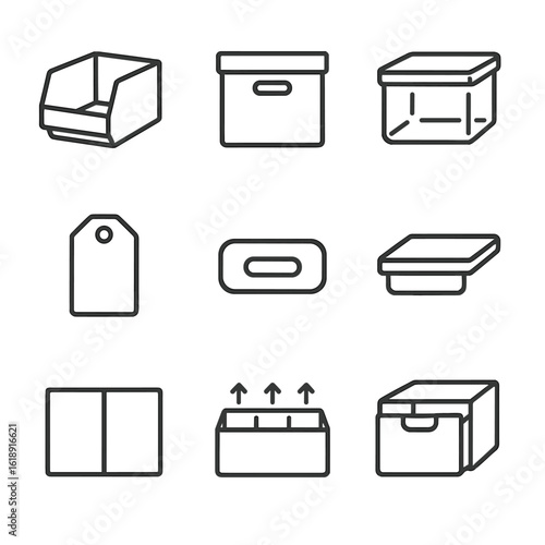 Modular Storage Icons. Outline icon set of modular storage bins: stackable bin, fabric box, clear container, label tag, handle