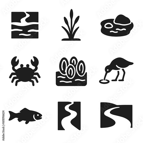 Estuary Ecosystem Icons. Solid, filled icons set of estuary ecosystems: estuary flow, brackish water icon,