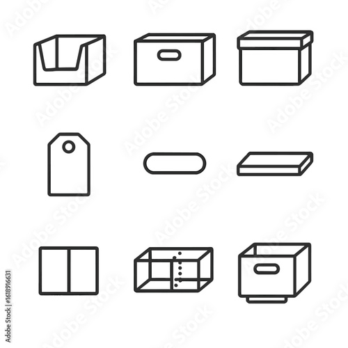 Modular Storage Icons. Outline icon set of modular storage bins: stackable bin, fabric box, clear container, label tag, handle
