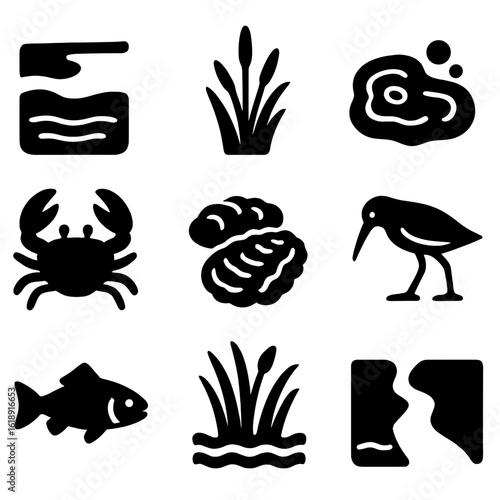 Estuary Ecosystem Icons. Solid, filled icons set of estuary ecosystems: estuary flow, brackish water icon,