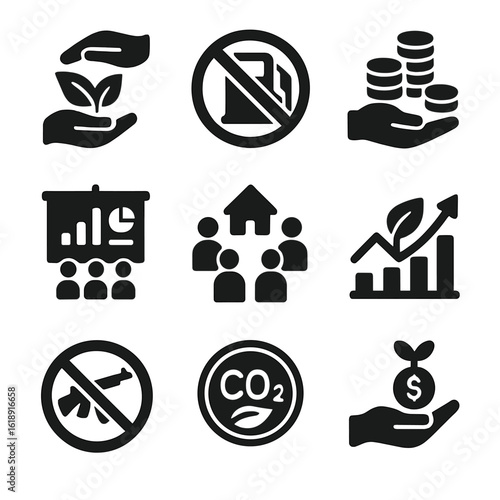 Ethical Finance Icons. Solid, filled icons set of ethical finance strategies: fair trade icon, zero fossil