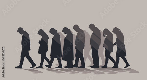 Silhouettes of people walking in a line reflecting Day of Remembrance for the Victims of Fascism  