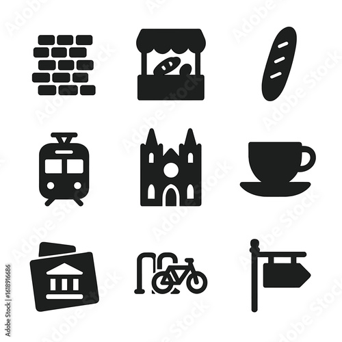 European City Icons. Solid, filled icons set of daily life in European cities: cobblestone street, outdoor