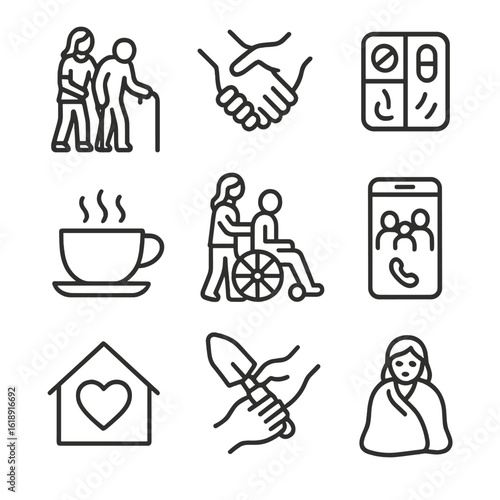 Multigenerational Care Icons. Outline icon set of multigenerational care: caregiver assisting elder with walking cane, holding