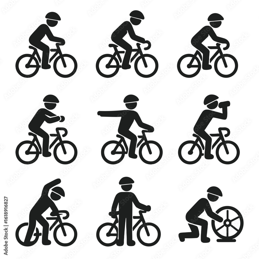 Fototapeta premium Cyclist Actions Icons. Solid, filled icon set of cyclist actions: pedaling, standing on pedals, turning handlebars, checking watch