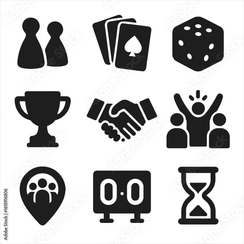 Family Game Icons. Solid, filled icons set of traditional family games: board game pieces, card deck, dice,