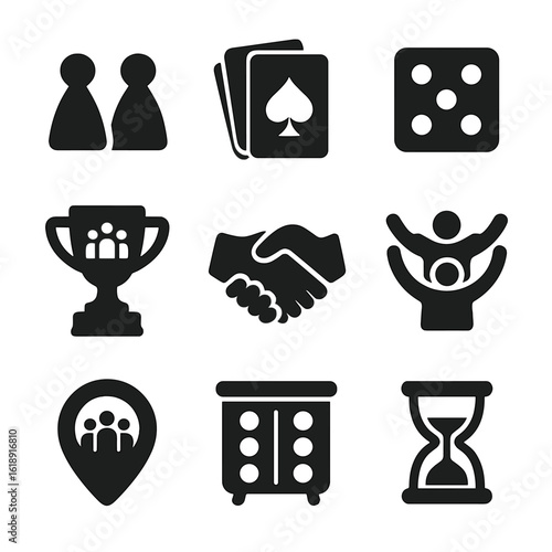 Family Game Icons. Solid, filled icons set of traditional family games: board game pieces, card deck, dice,