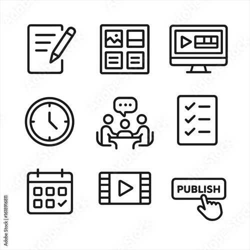 News Workflow Icons. Outline icon set of News production workflow: scriptwriting, storyboard, editing software, deadline clock,