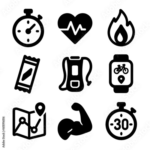 Cycling Fitness Icons. Solid, filled icon set of cycling fitness elements: stopwatch, heart rate monitor, calories burned, energy