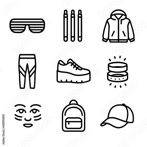 Neon Rave Icon Set. Outline icon set of Neon rave outfits: LED glasses, glow sticks, holographic jacket, neon leggings, platform