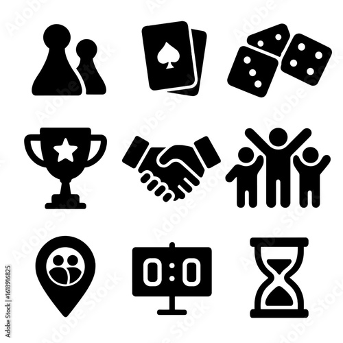 Family Game Icons. Solid, filled icons set of traditional family games: board game pieces, card deck, dice,