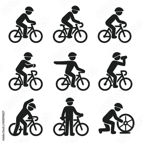 Cyclist Actions Icons. Solid, filled icon set of cyclist actions: pedaling, standing on pedals, turning handlebars, checking watch