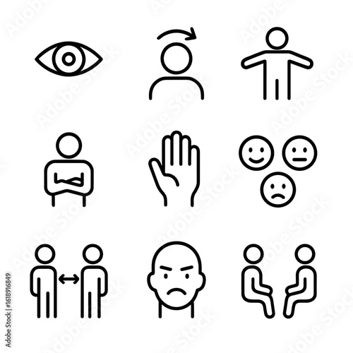 Non-Verbal Icons Set. Outline icon set of non-verbal communication cues: eye contact symbol, nodding head, open posture silhouette