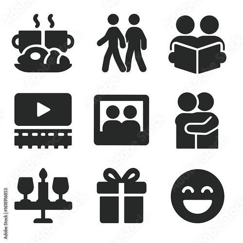 Daily Bonding Icons. Solid, filled icons set of daily bonding rituals: breakfast for two, walk together,
