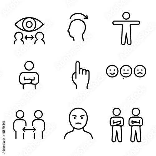 Non-Verbal Icons Set. Outline icon set of non-verbal communication cues: eye contact symbol, nodding head, open posture silhouette