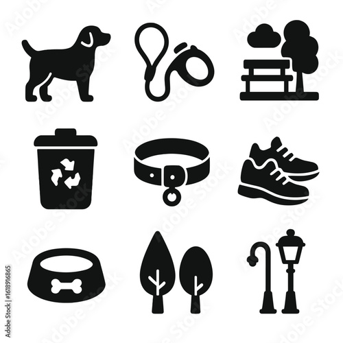 Daily Dog Walk Icons. Solid, filled icon set of daily dog walk: dog, leash, park, trash bin, dog collar, walking shoes, water bowl