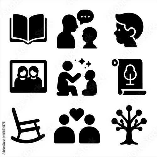 Family Wisdom Icons. Solid, filled icons set of parents sharing their life stories and wisdom with their