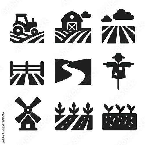 Farm Icons Set. Solid, filled icons set of farm landscape and planting scenery: tractor in field, distant barn