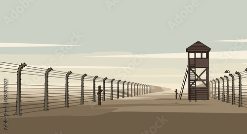 Minimalistic illustration of a watchtower beside a barbed-wire fence  