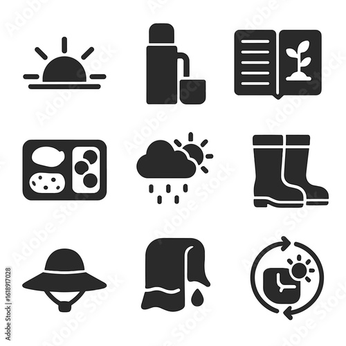 Farmer's Daily Life Icons. Solid, filled icons set of daily life of a field farmer: sunrise icon, thermos cup,