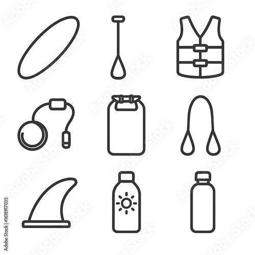 Paddleboard Yoga Gear Icons. Outline icon set of paddleboard yoga equipment: paddleboard, adjustable paddle, life vest, ankle