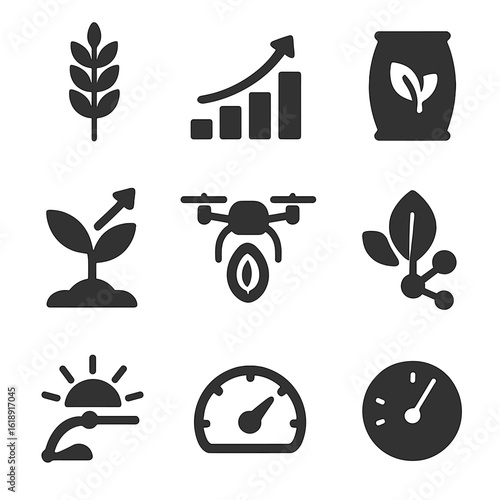 Farming Innovation Icons. Solid, filled icons set of high-yield farming innovation: full grain stalk, output