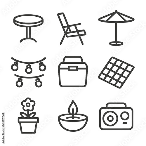 Patio Icon Set. Outline icon set of patio outdoor setup: patio table, lawn chair, umbrella, string lights, cooler, picnic blanket,