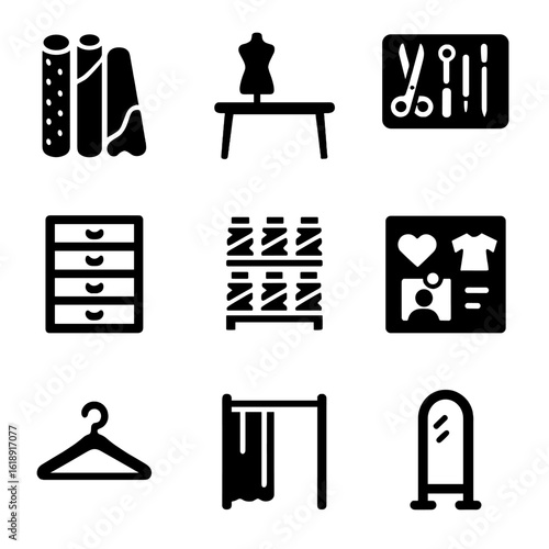 Fashion Atelier Icons. Solid, filled icons set of fashion atelier workspace: fabric rolls, dressmaker’s table,