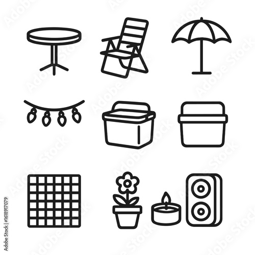 Patio Icon Set. Outline icon set of patio outdoor setup: patio table, lawn chair, umbrella, string lights, cooler, picnic blanket,