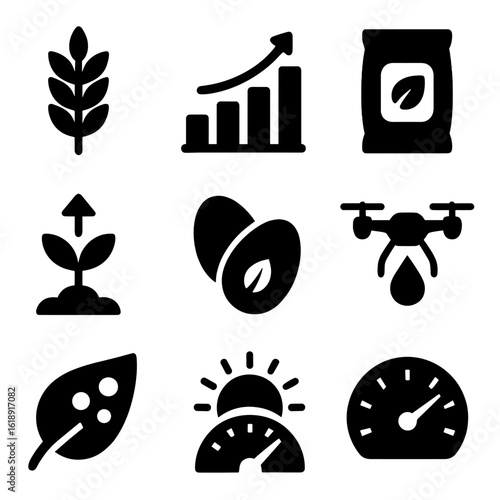 Farming Innovation Icons. Solid, filled icons set of high-yield farming innovation: full grain stalk, output