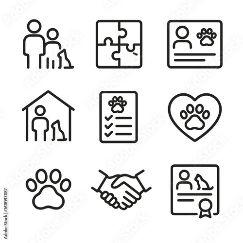 Pet Adoption Icons. Outline icon set of matching pets with families: family silhouette, puzzle piece, profile card, home visit,