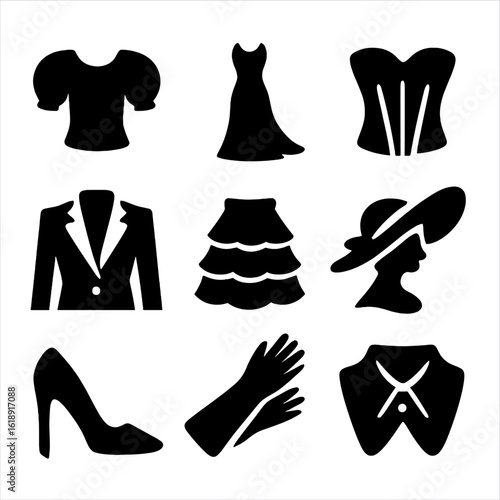 Fashion Elements Icons. Solid, filled icons set of iconic fashion elements: puffed sleeves, train gown, corset