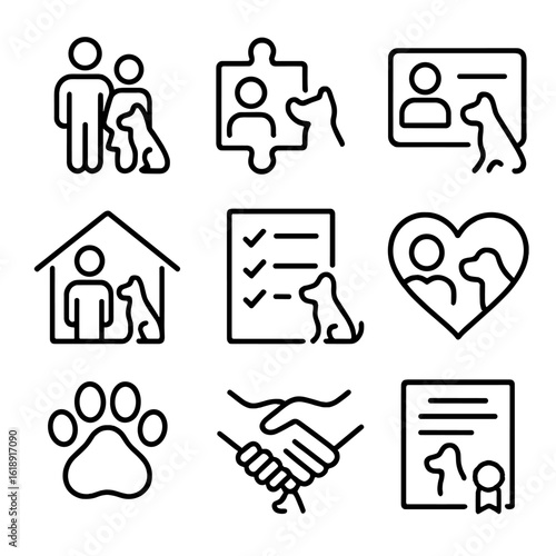 Pet Adoption Icons. Outline icon set of matching pets with families: family silhouette, puzzle piece, profile card, home visit,