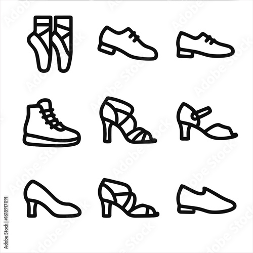Dance Shoes Icons. Solid, filled icon set of different dance styles shoes: ballet, tap, jazz, hip-hop, salsa, flamenco, ballroom,