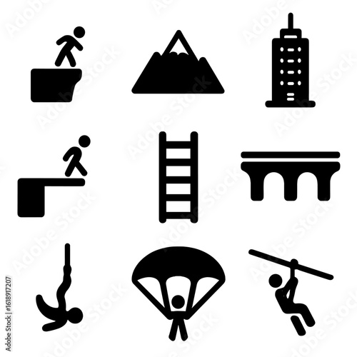 Dangerous Heights Icons. Solid, filled icon set of dangerous heights: cliff, mountain peak, skyscraper, diving board, ladder,