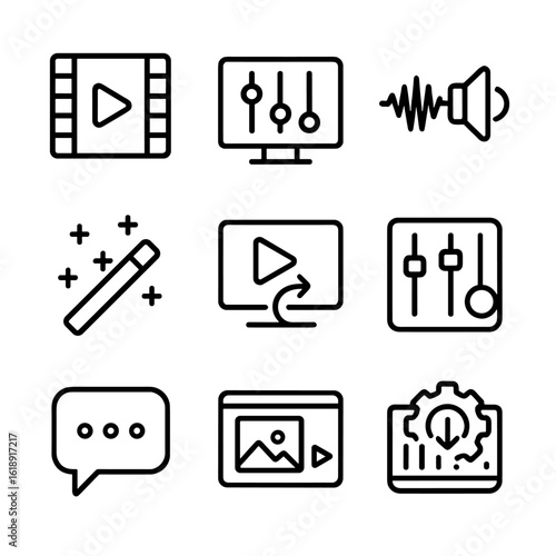 Post-Production Icon Set. Outline icon set of post-production tasks: video editing, color grading, sound design, visual effects,