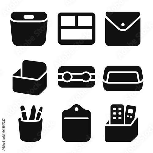 Felt Storage Icon Set. Solid, filled icons set of felted storage and organization items: wool storage bin,