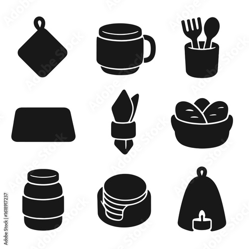 Felted Kitchen Icons. Solid, filled icons set of felted kitchen accessories: pot holder, mug cozy, utensil