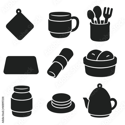 Felted Kitchen Icons. Solid, filled icons set of felted kitchen accessories: pot holder, mug cozy, utensil