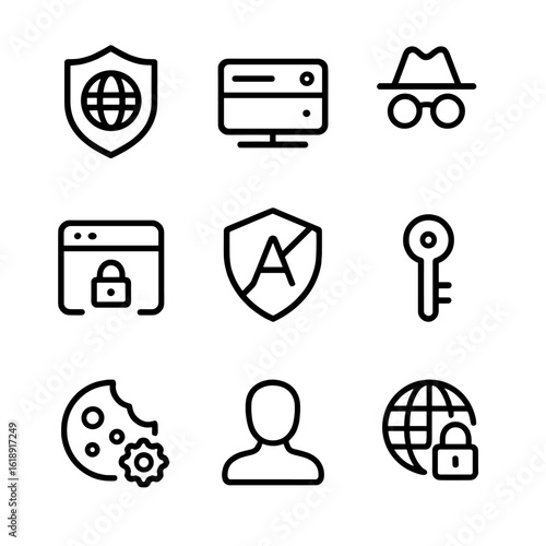 Privacy Tools Icons. Outline icon set of Privacy protection tools: VPN service, proxy server, incognito browser, DNS over HTTPS,