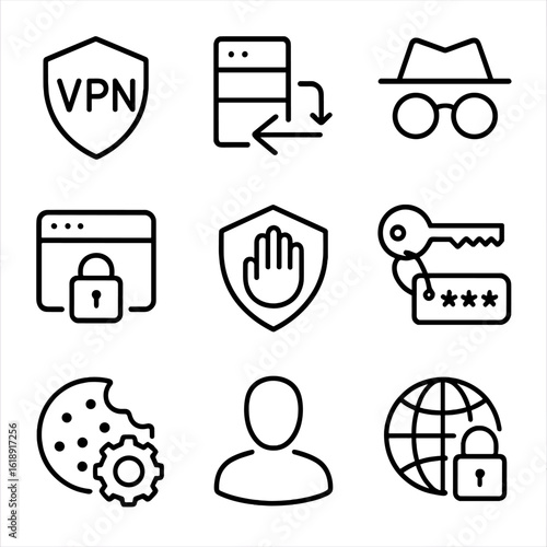 Privacy Tools Icons. Outline icon set of Privacy protection tools: VPN service, proxy server, incognito browser, DNS over HTTPS,